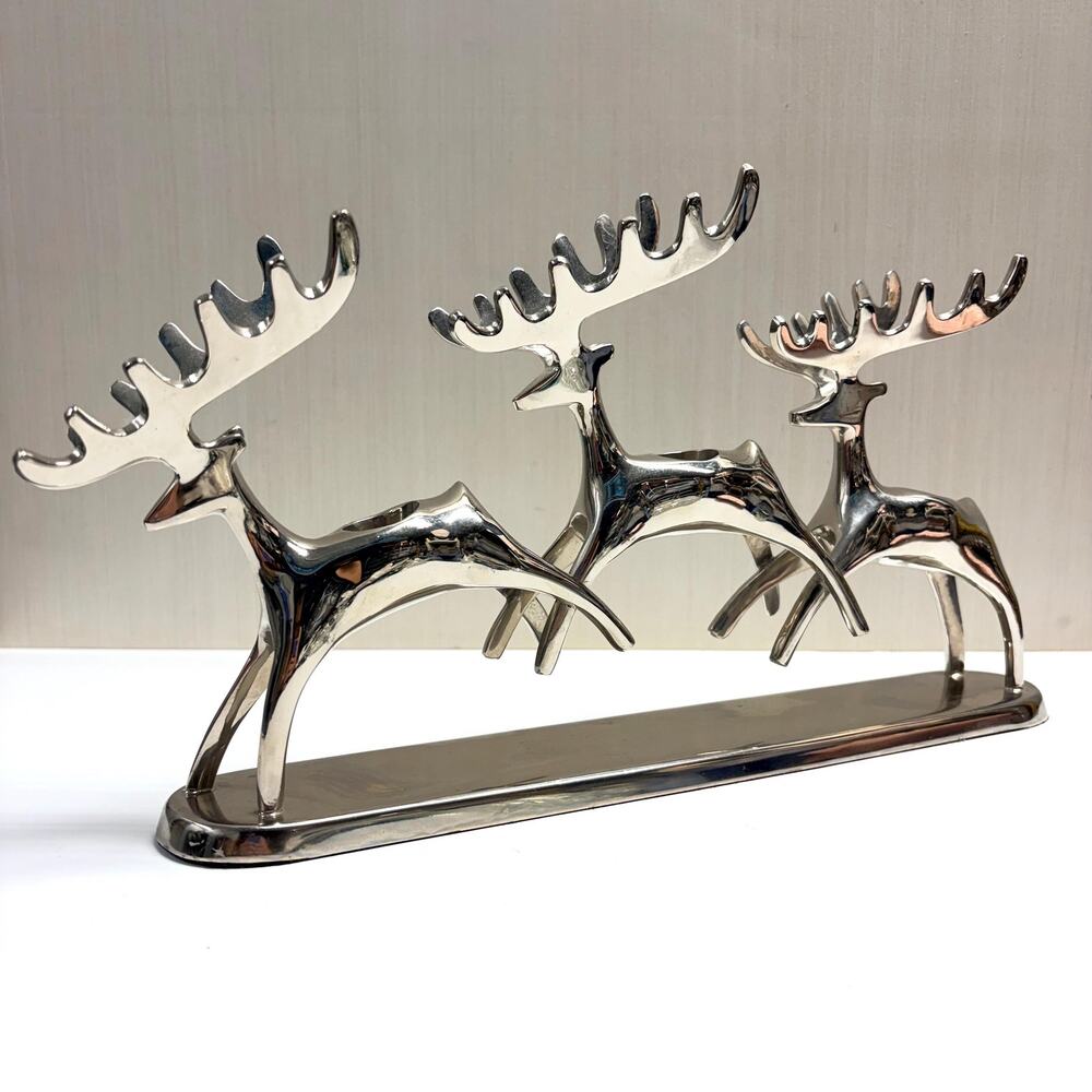 Pottery Barn Chrome Metal Silver Toned Reindeer Taper Candlestick Holder